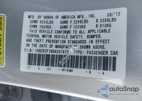 2013 Honda Accord Lx z USA, uszkodzony, nr VIN 1HGCR2F38DA001673